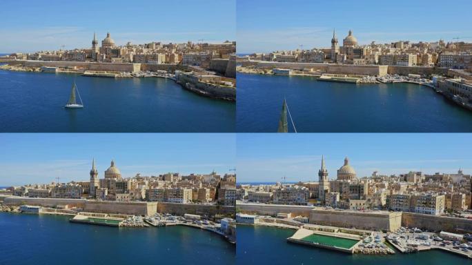 瓦莱塔市的鸟瞰图-马耳他国家的首都。大港、教堂、圆顶、海上船