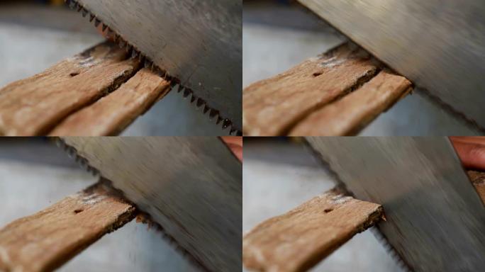 木工切割木片特写展示锯子