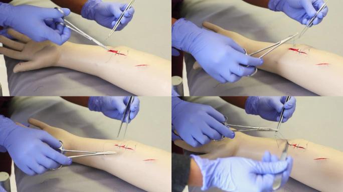 医学生练习缝合缝针培训训练伤口皮肤