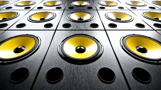 黄色薄膜堆叠成排播放音乐的音频扬声器的静态视图