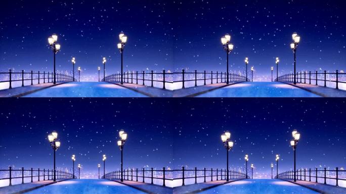 在下雪的冬夜，路灯点亮了城市桥梁