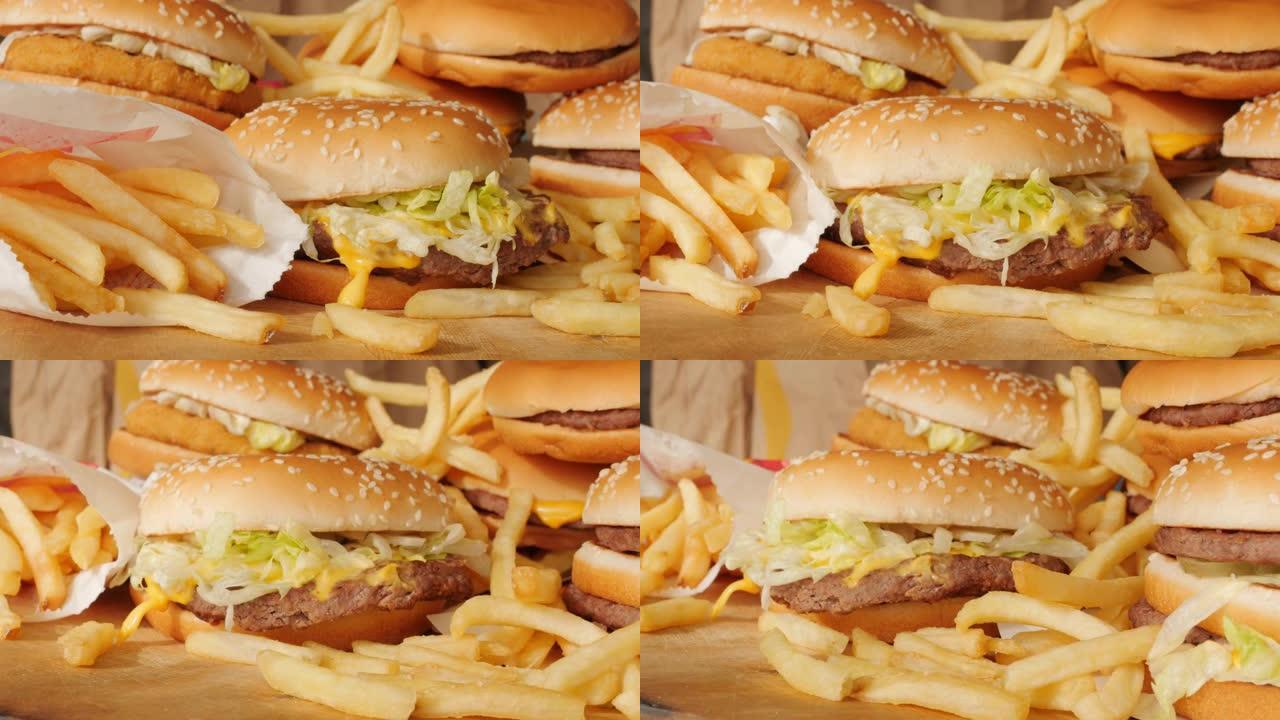 不健康食物的一部分，快餐，一堆汉堡，薯条旋转，转动