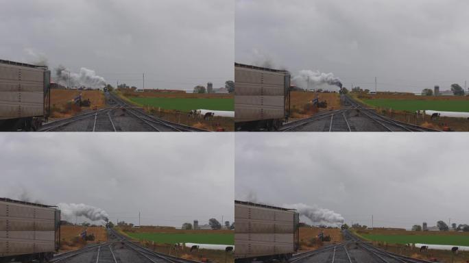 在雨天，一辆蒸汽机车将货物拉入院子，牛也看着烟和蒸汽