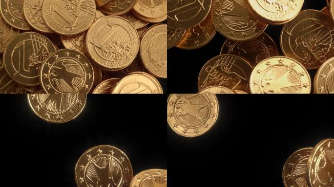 金箔包裹欧元巧克力硬币在空中