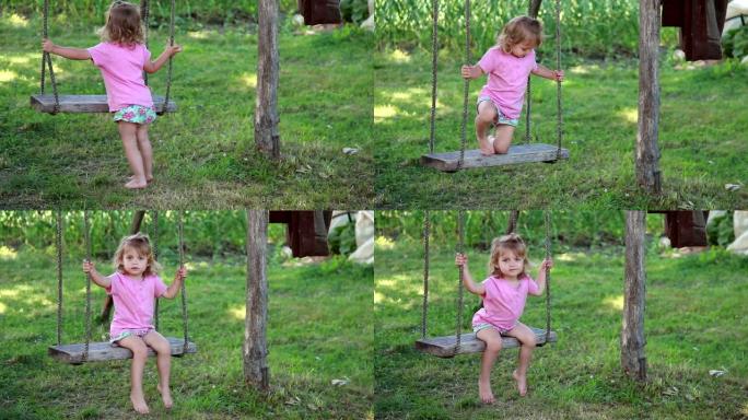 小女孩在后院玩绳子秋千