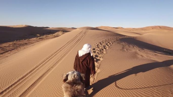 导游带领的撒哈拉骆驼列车上的游客