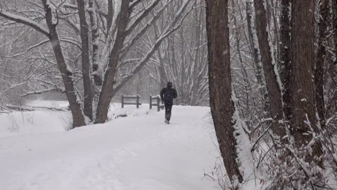 男子冬季跑雪树绳索路径丹佛科罗拉多州