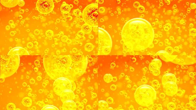 气泡中的金色气泡。向上运动。背景是金橙。项目，油，蜂蜜，啤酒，果汁或其他变体的金液体中的气泡。