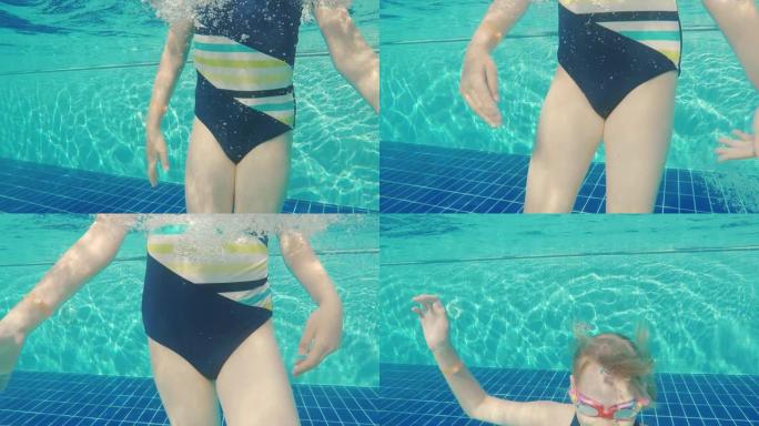 女孩在游泳池里潜水。学会潜水，玩得开心