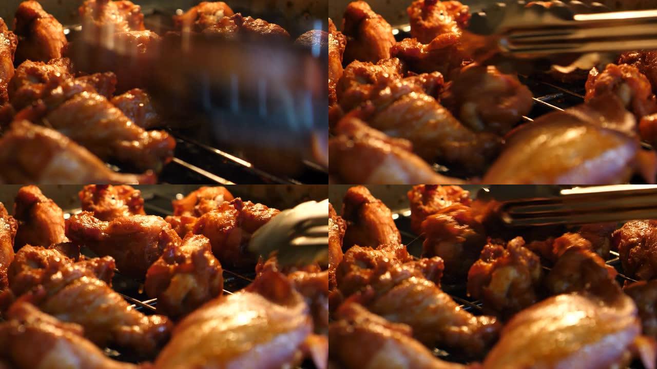 特写镜头在热烤箱里烧烤烧烤鸡肉