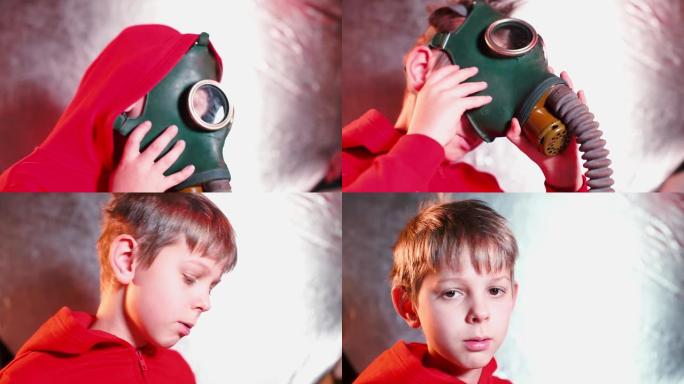 一个孩子为拯救地球的抗议集会摘下防毒面具。