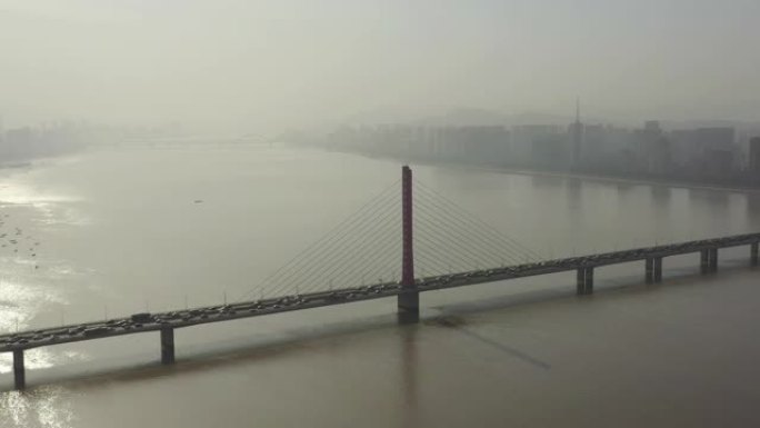 阳光杭州城河著名交通桥梁空中全景4k中国