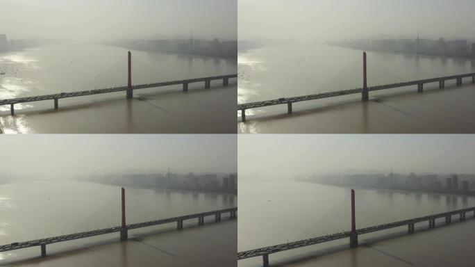 阳光杭州城河著名交通桥梁空中全景4k中国