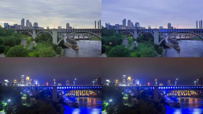 明尼阿波利斯日夜在美丽的日落期间在密西西比河上空时光倒流