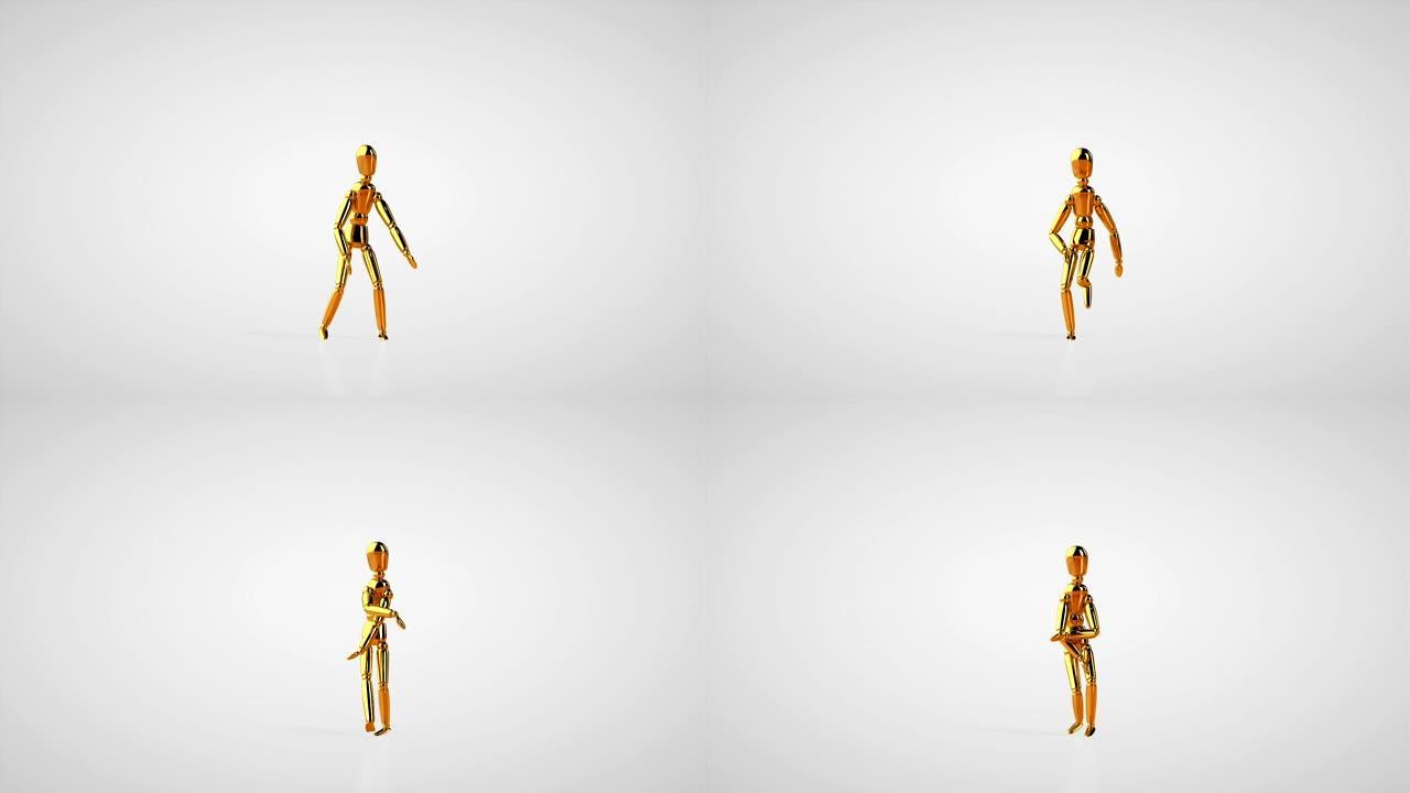 有趣的金色人体模特嘻哈侧步舞，无缝循环，白色工作室