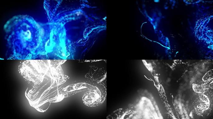 在4k的水中注入荧光蓝色墨水。墨水流中辉光粒子的3d渲染。亮度哑光作为阿尔法通道。闪亮油墨效果平流的