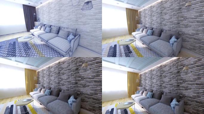 客厅3D动画图形网格过渡室内设计阁楼。
