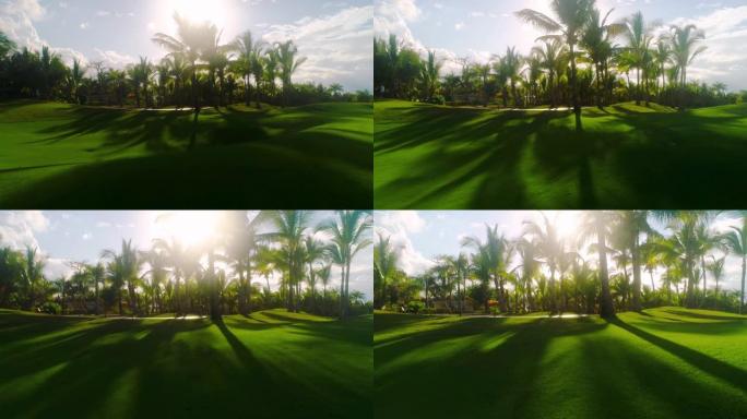 豪华热带度假胜地的高尔夫球场。运动场、场地和棕榈树上的日落。