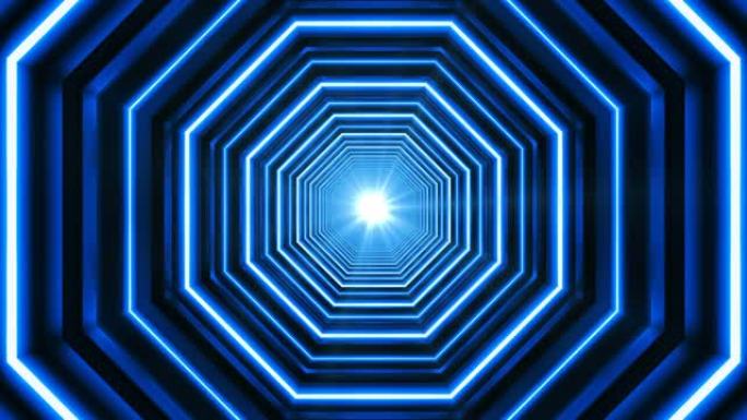 蓝色Lazer八角形环形霓虹灯4k动画隧道