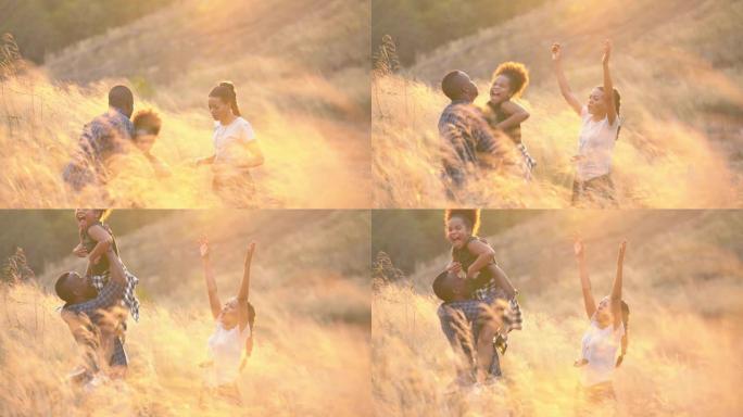 高清慢动作快乐家庭非洲父亲，母亲和女儿徒步旅行和手牵在一起。放松的家庭，漂亮的女儿在金色草地草地上聊