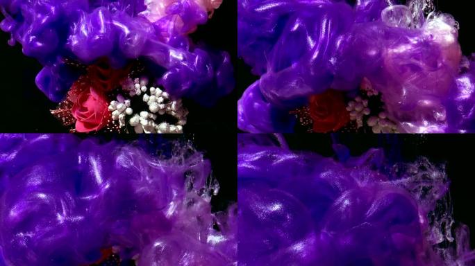黑色背景上的红玫瑰、白花和紫色水彩墨水在水中的节日婚礼花束