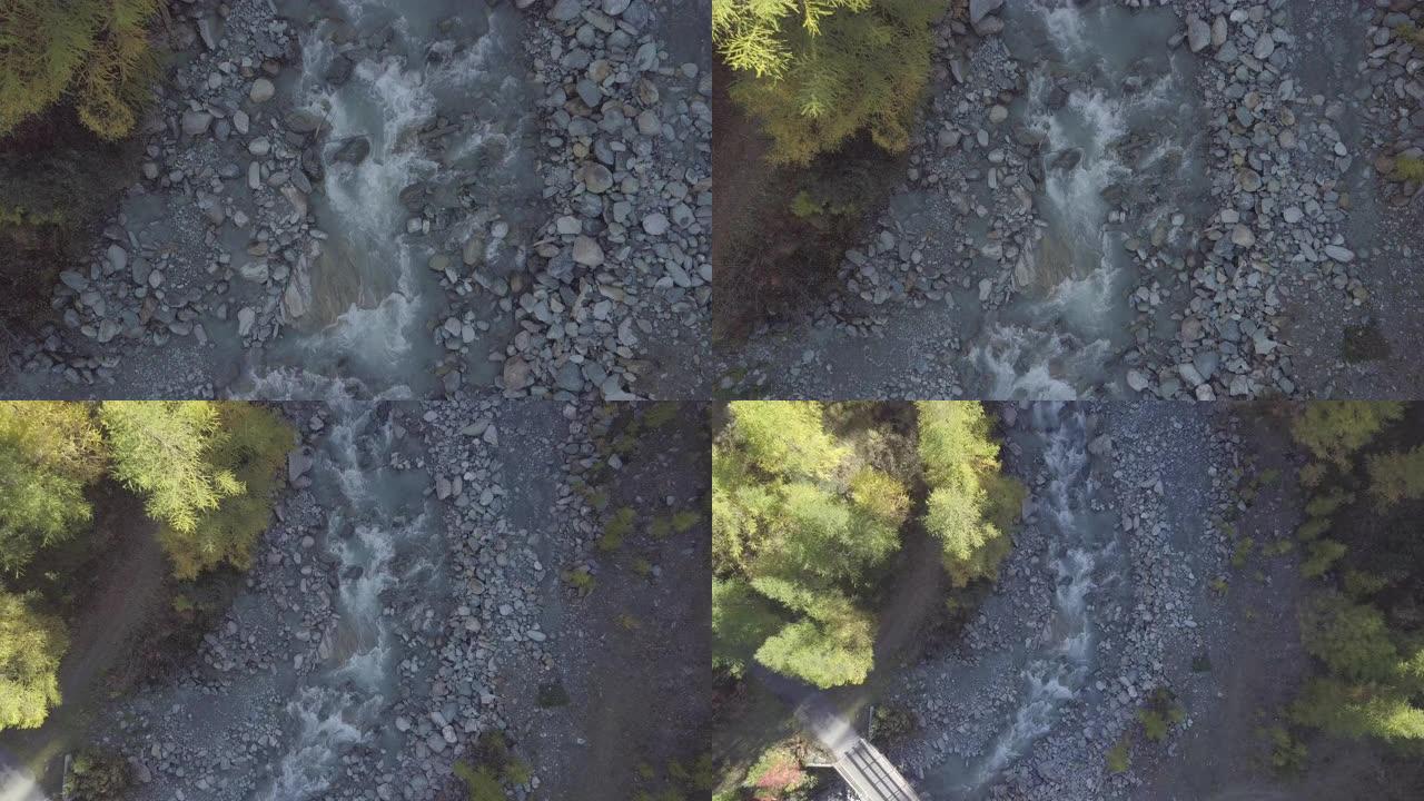 自上而下的无人机拍摄了Saas Fee附近的一条河