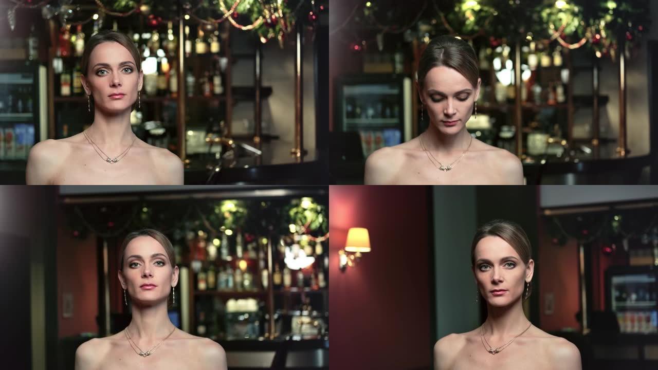 性感的时尚女孩赤裸的肩膀去豪华酒吧内部。由RED Raven 4k电影摄像机拍摄