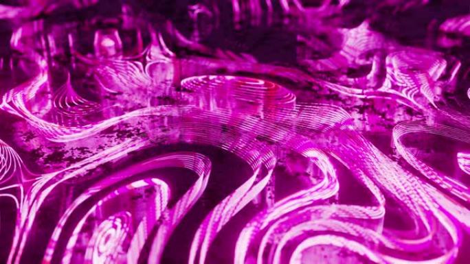 3D渲染美丽的粉红色线波，并在地板上反射。运动抽象背景