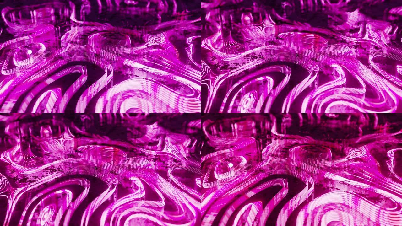 3D渲染美丽的粉红色线波，并在地板上反射。运动抽象背景