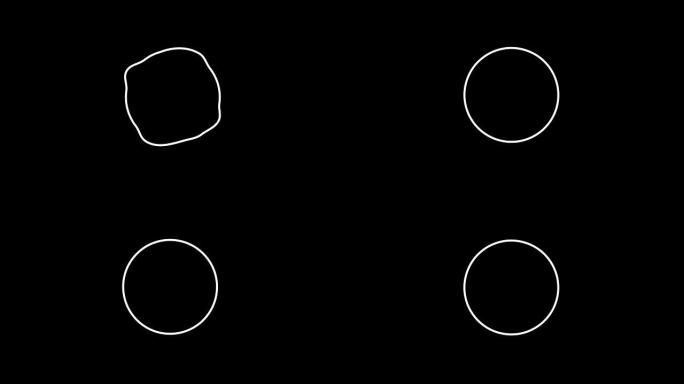 白色圆圈的动画线条改变形状涂鸦黑色背景上孤立的圆形圆圈