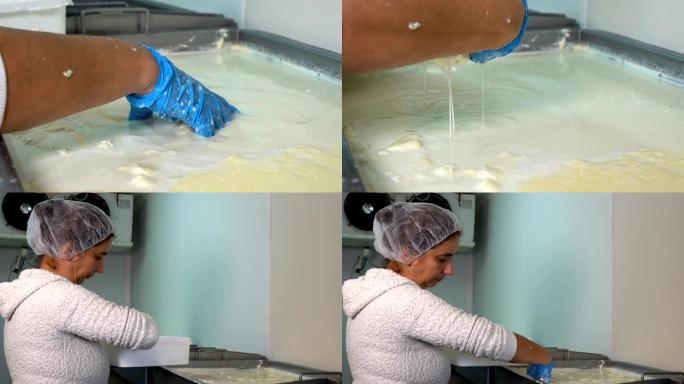 女工在奶制品厂从牛奶中撇去奶油 -- 视频蒙太奇