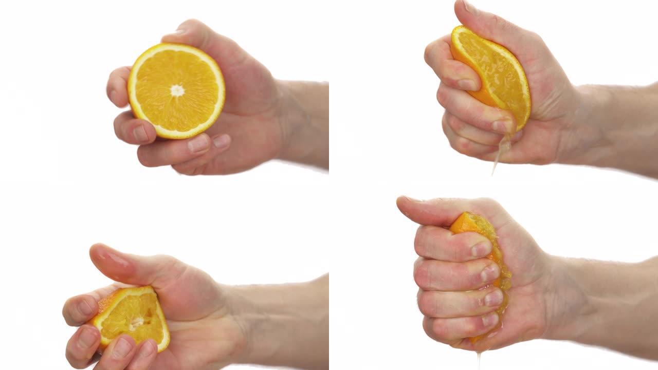 无法辨认的人挤压一半成熟多汁的橘子的特写镜头。柑橘汁滴下来。孤立，在白色背景上