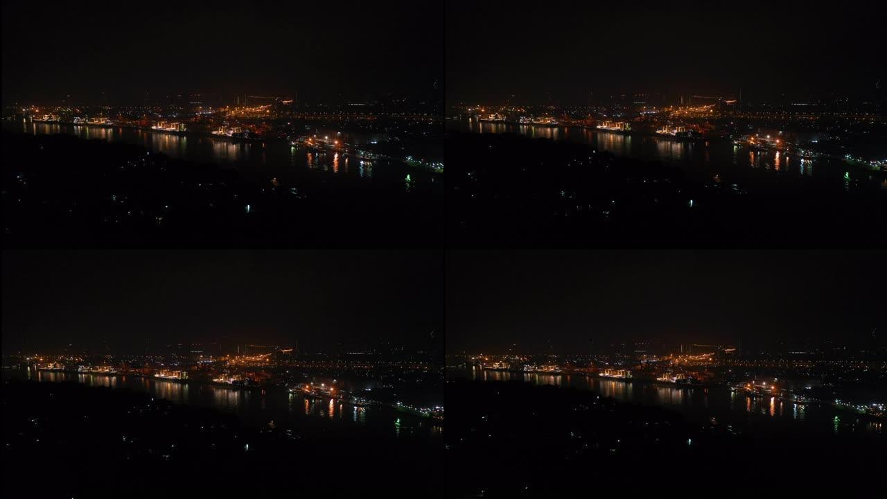 夜间向后移动的鸟瞰港或码头