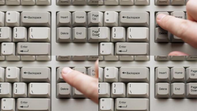 男性手指按下白色键盘上的插入按钮。慢动作和宏观视图