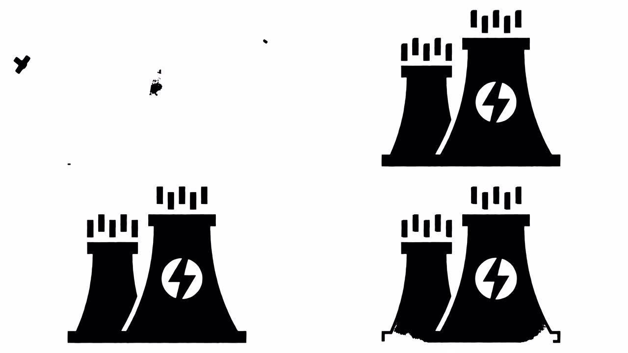 发电厂公用事业线条画和墨水飞溅用阿尔法显示动画