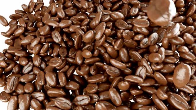 烘焙咖啡豆以阿尔法慢动作流动。3d渲染