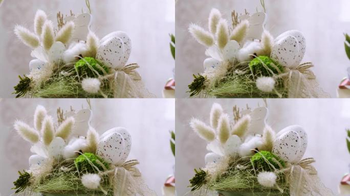 复活节篮子里有彩绘的鸡蛋、木兔和鲜花。4K