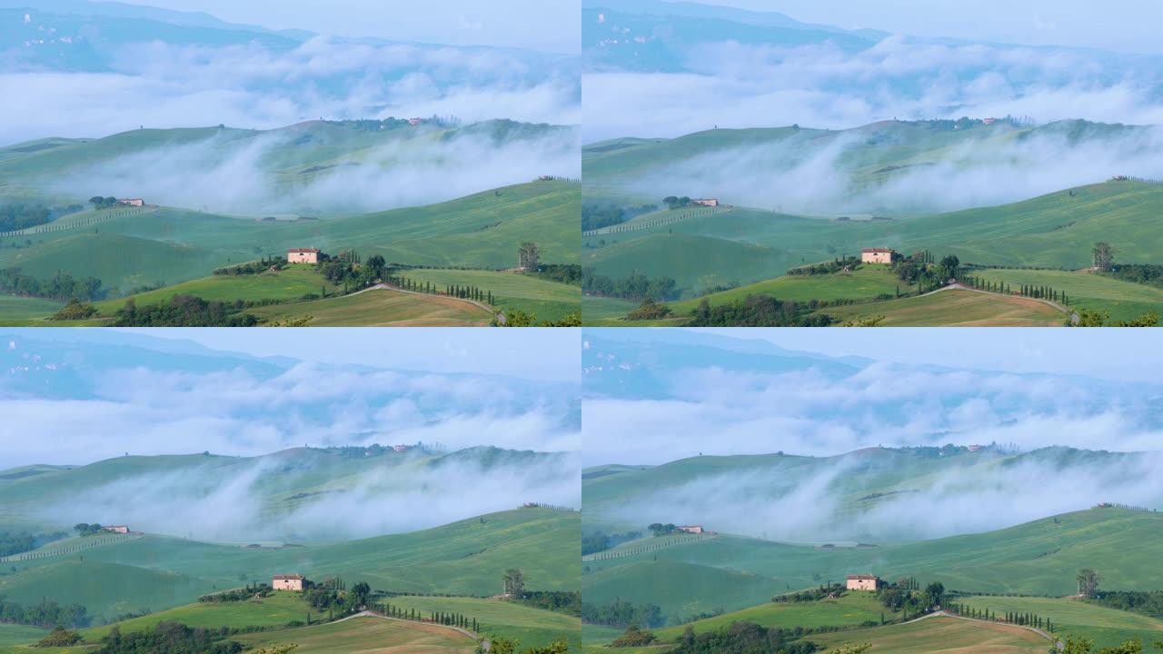 镜头-意大利皮恩扎山上的晨雾