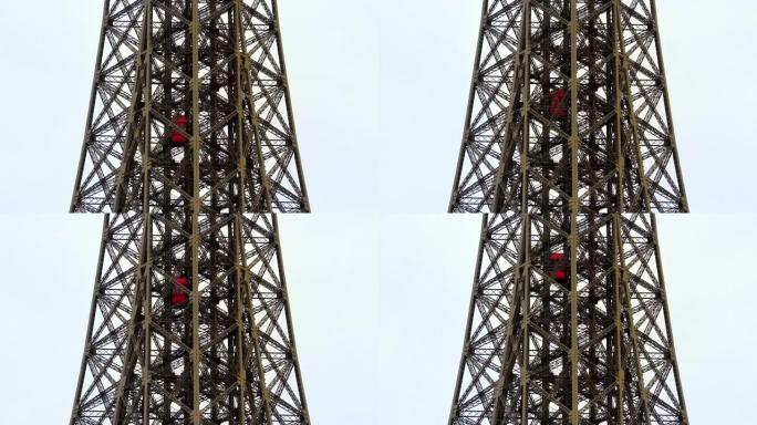 巴黎埃菲尔铁塔的电梯。受欢迎的欧洲旅游城市和蜜月目的地。法国著名地标。
