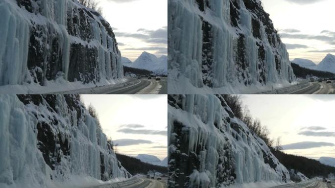 从汽车上看到的特罗姆瑟市附近的冰冻瀑布，挪威，北极