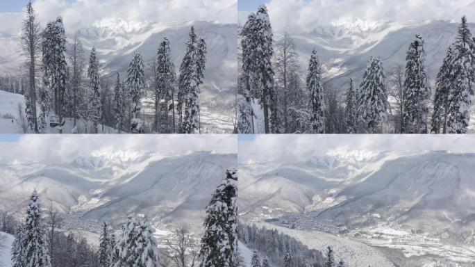 雪猫在冬季滑雪场的雪坡上进行雪修饰。冬季山城雪城无人驾驶飞机的美丽景色。白雪皑皑森林背景上的鸟瞰山滑