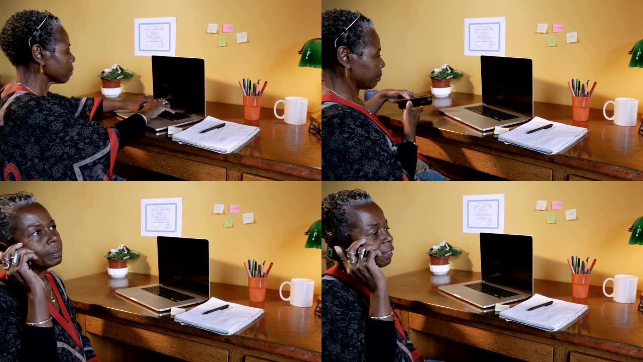 多种族女性在办公室里用电脑回答智能电话
