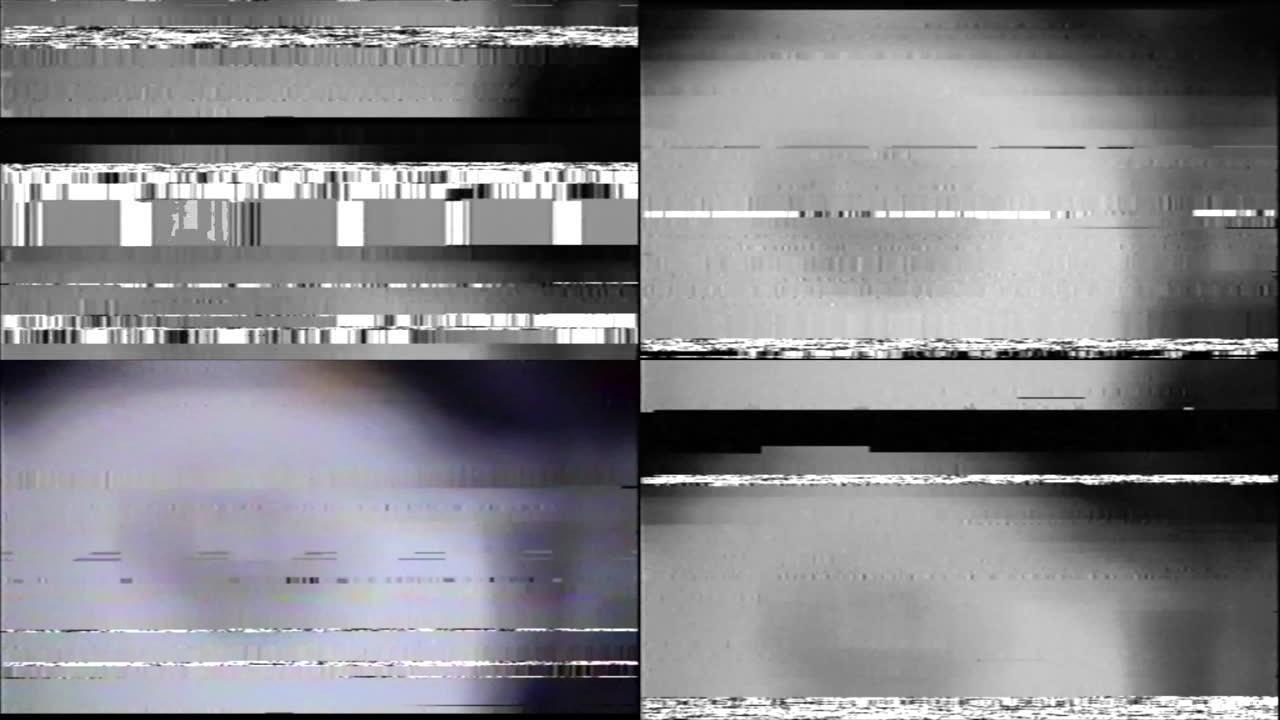 VHS故障模拟抽象数字动画旧电视。故障错误视频损坏。信号噪声。系统错误。独特的设计。信号不好。数字电