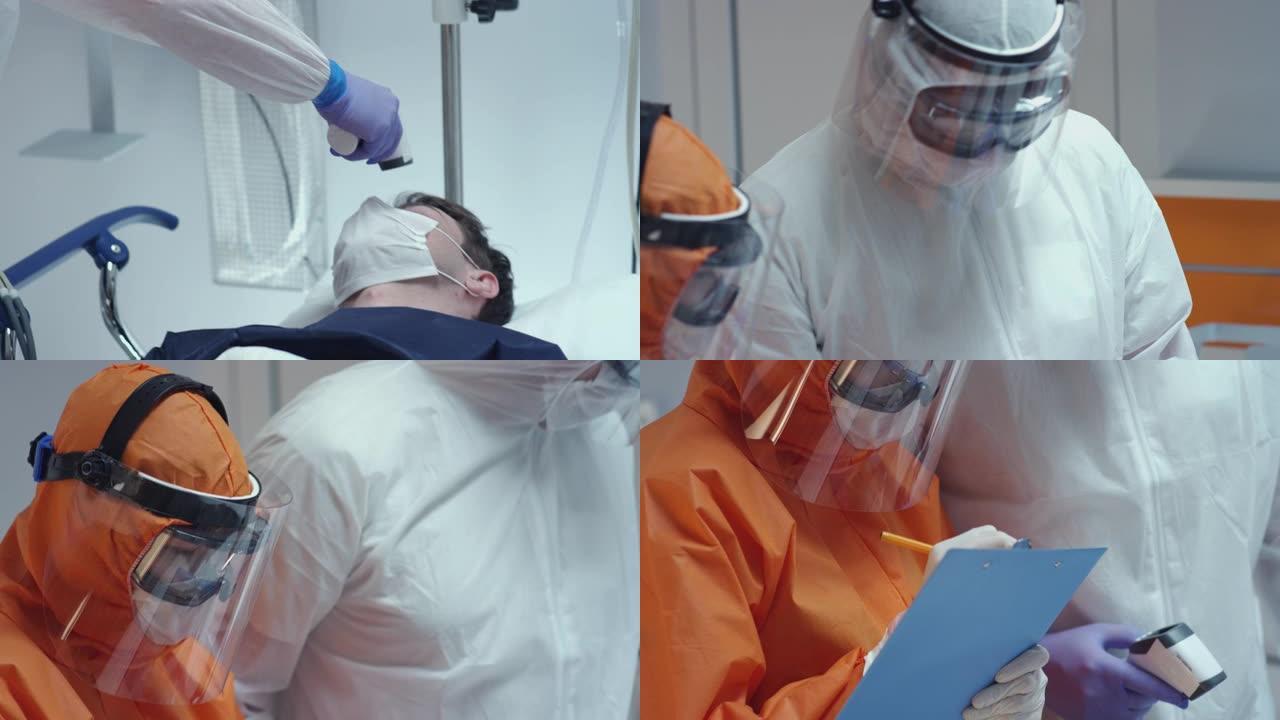 护士穿着防护服测量冠状病毒病人的体温，并咨询领先的医生-近距离倾斜射击