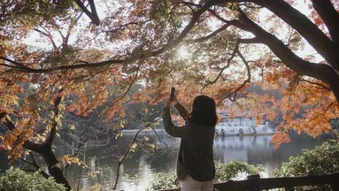 亚洲女孩拍照。环境舒适金色之秋美丽秋季