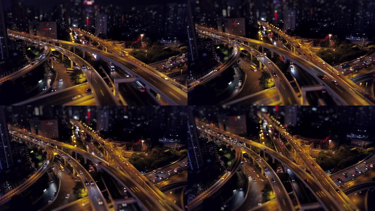 夜间照明广州交通路口空中全景倾斜换挡4k中国