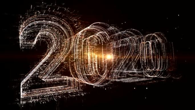 3D生成动画: 新2020年问候发光文本数字和粒子动画