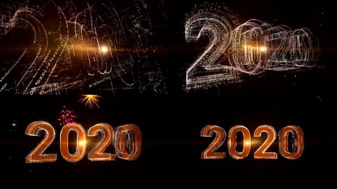 3D生成动画: 新2020年问候发光文本数字和粒子动画