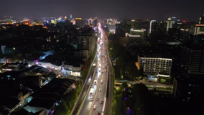 夜间照明杭州城市景观交通道路空中全景4k中国