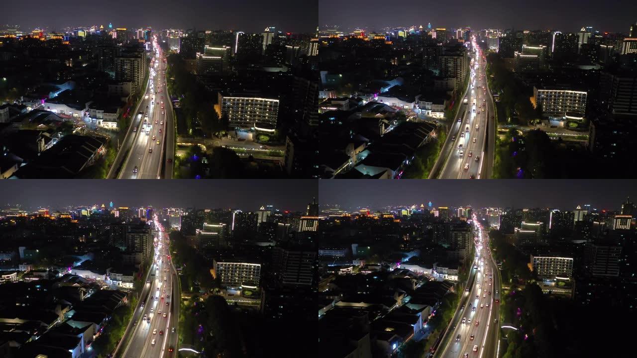 夜间照明杭州城市景观交通道路空中全景4k中国